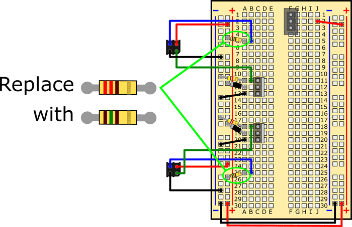 Wiring diagram shows resistors being replaced on a breadboard