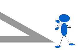 Drawing of a figure standing next to a large gray right triangle that is missing the shortest side