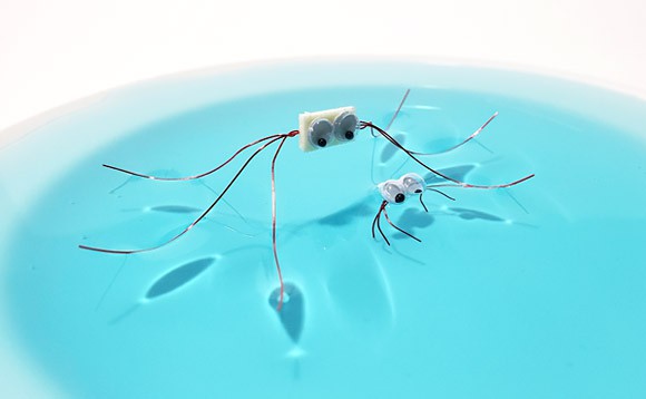 Twisted copper wire forms a bug with six legs that stands on the surface of water dyed blue