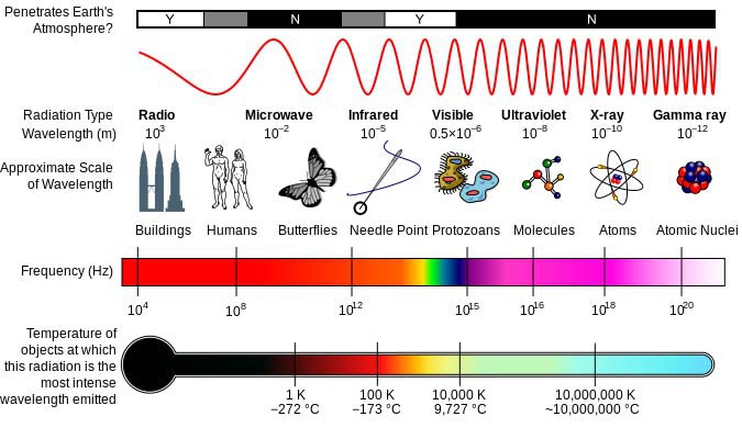 Graph of the electromagnetic spectrum shows wavelengths, images of scaled objects, frequency and temperature