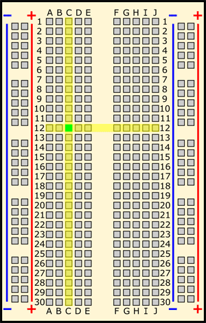 Drawing of a breadboard with column C and row 12 highlighted in yellow and the hole C12 highlighted in green
