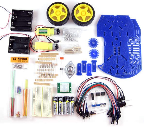 Parts from a BlueBot robotics kit sold on the website homesciencetools.com are laid out neatly