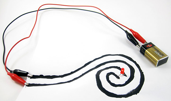 A simple painting made with two lines of electric paint to form a circuit that will light an LED