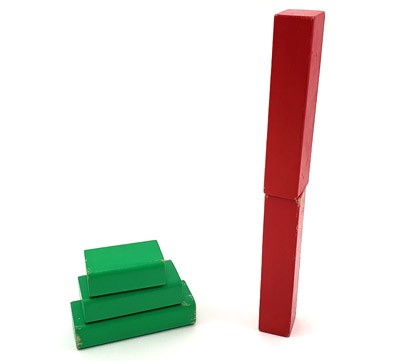 Green blocks are stacked low and wide while red block are stacked narrow and high