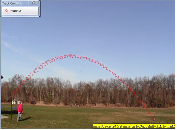 Image in the Tracker program of various points of a balls trajectory marked and labelled in red