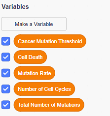 Scratch blocks for the five variables: cancer mutation threshold, cell death, mutation rate, number of cell cycles, and total number of mutations. 