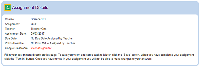 Cropped screenshot of details for an assignment posted in Google Classroom