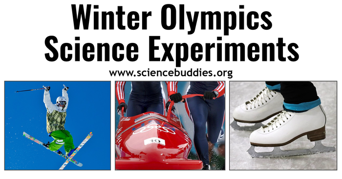 Skiier jumping, ice skates, and two athletes ready for a bobsleigh event