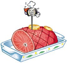 A drawing of a roasted ham with a digital thermometer inserted into the middle and thickest portion of the meat