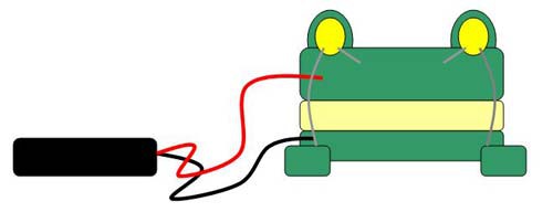 Diagram of a model frog with two LEDs for eyes and powered by a battery pack