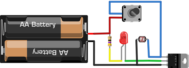 Breadboard diagram for the connections of an LED night light circuit