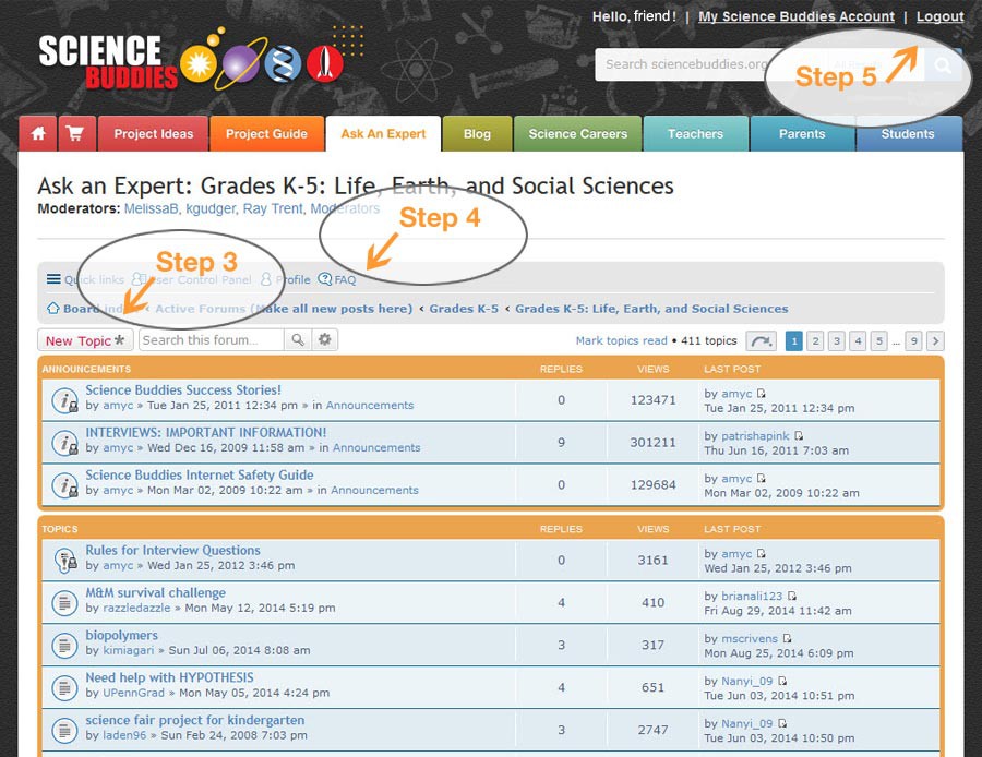 Screenshot of subject specific posts on the Ask an Expert Grades K-5 forum on the website ScienceBuddies.org