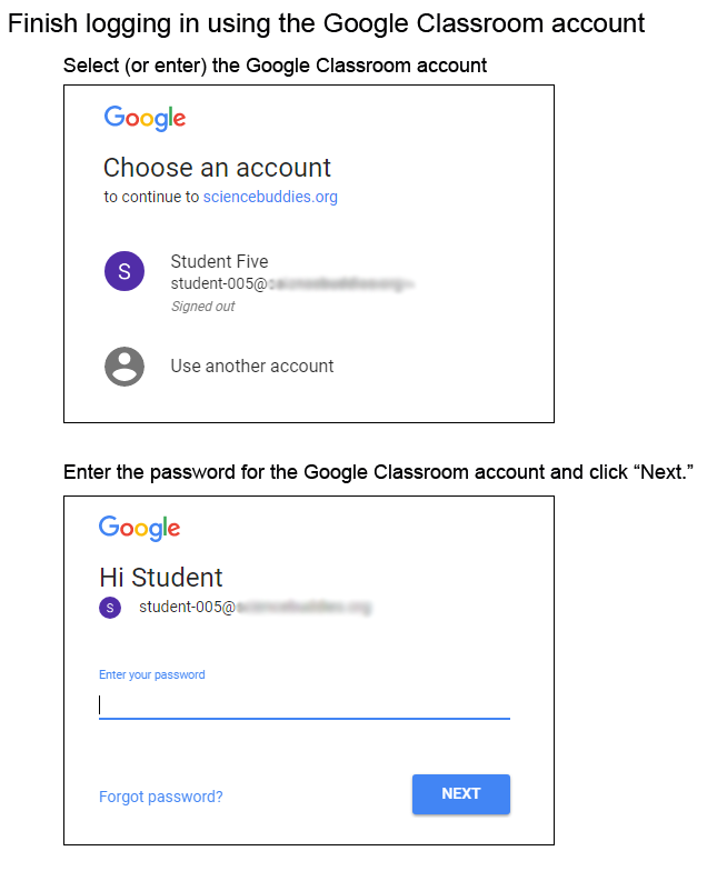 Login information for Google Classroom account