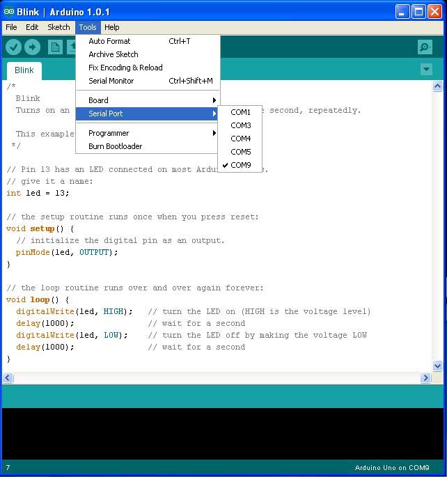 Screenshot of the Tools menu in the Arduino IDE