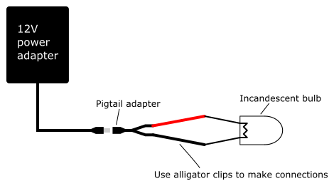 Diagram of a circuit that contains a 12 volt battery, pigtail adapter and incandescent bulb