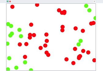 Scratch simulation with green and red dots representing healthy and sick individuals respectively.