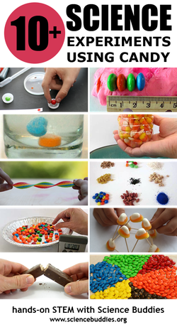 Photo collage of various candies used in ten different science experiments