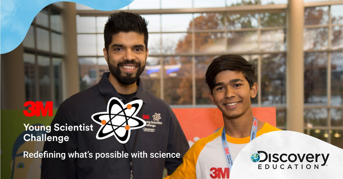 Mentor and student with 3M Young Scientist Challenge shirts and badges