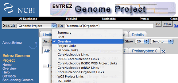 Menu for a genome sequencing website