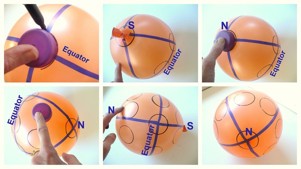 A collage of pictures illustrating how to draw circles on the balloon.  