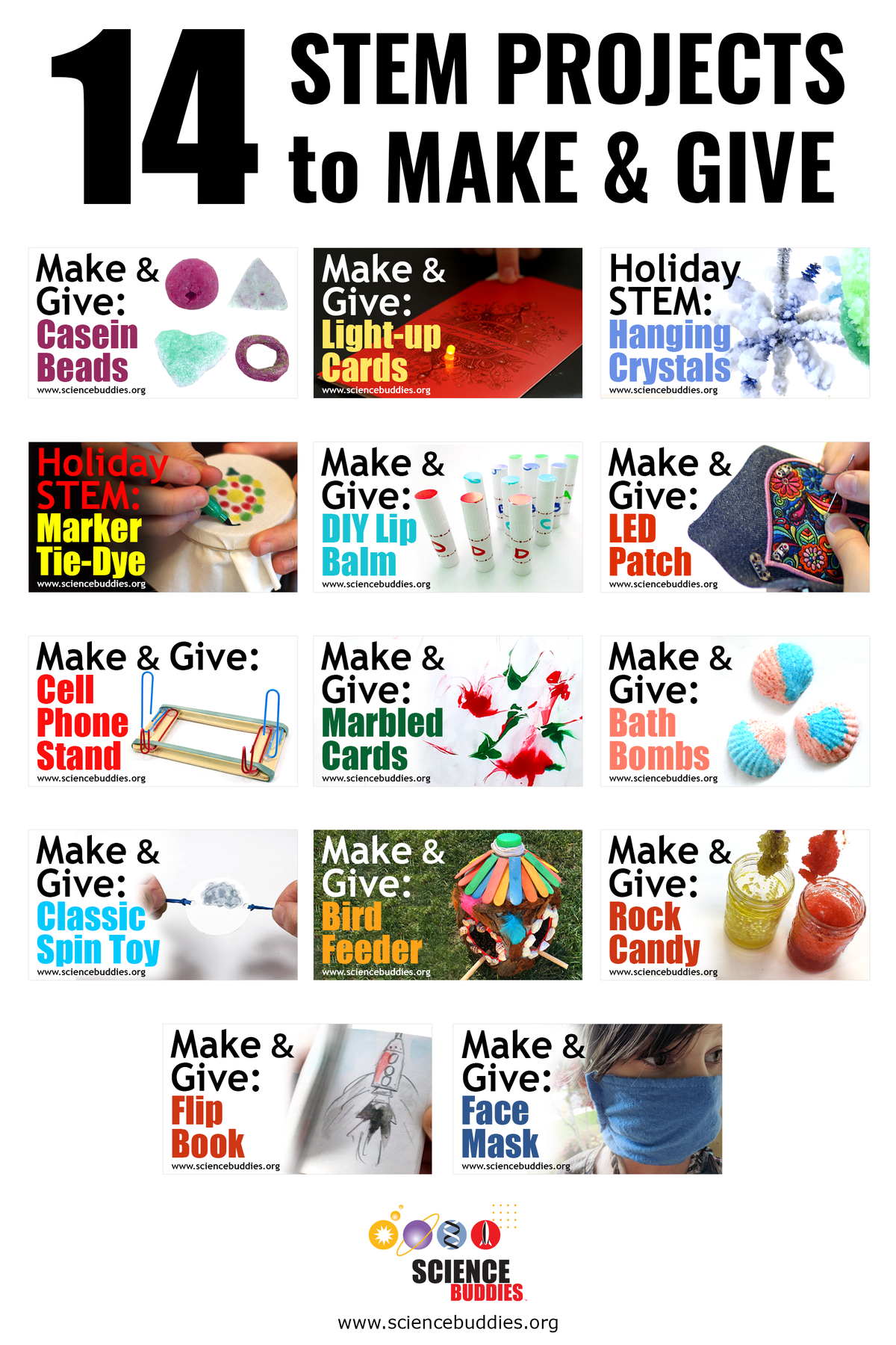 Combined image representing all 14 of the STEM activities in the make and give collection