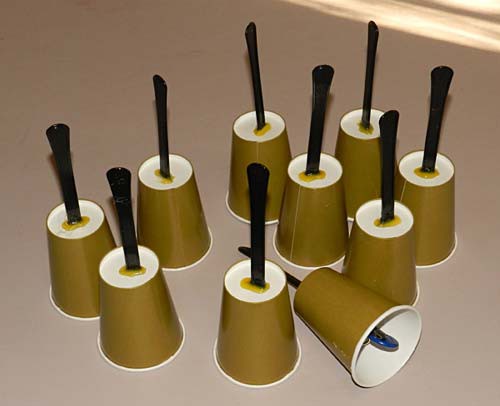 Ten handbells are made using paper cups, plastic knifes and RFID tags