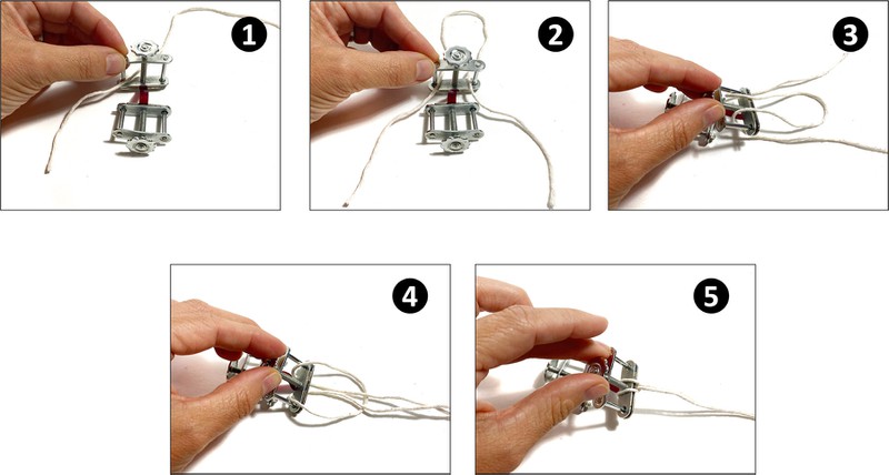 A series of images showing how to tie a string through the clamp with the sample strip. 