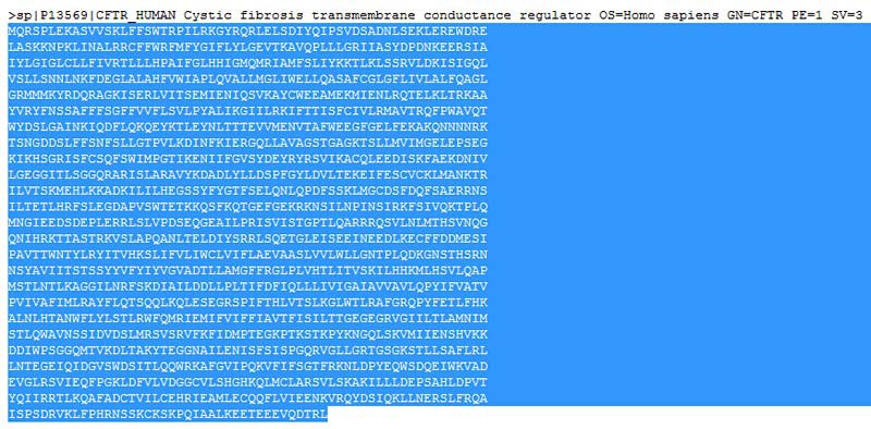 Screenshot of the FASTA sequence for the CFTR gene generated on the website uniprot.org