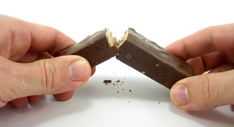 Chocolate candy bar snapped in half