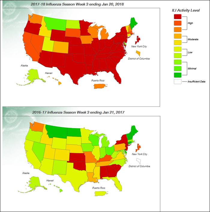 Two heatmaps of the United States show increasing cases of the flu during the 2017 and 2018 flu season
