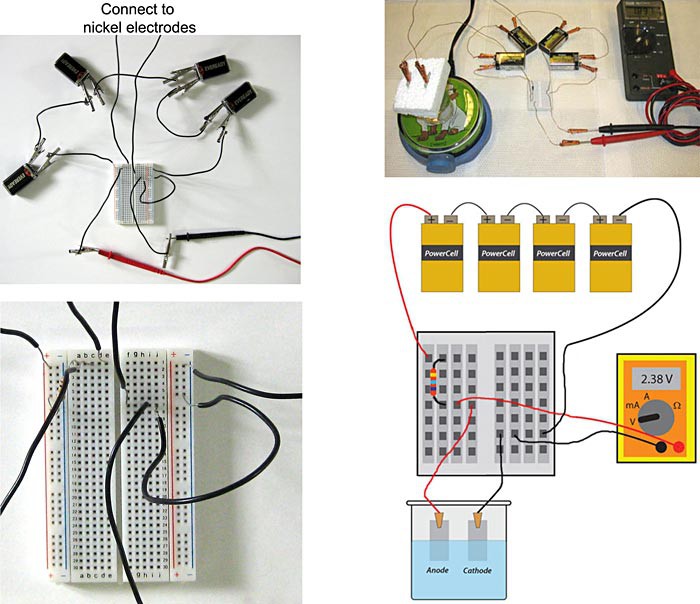 Three photos and a breadboard diagram of a galvanostatic electrochemical cell circuit using two different breadboards