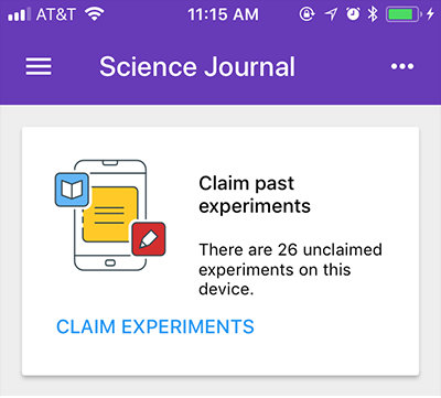 Screenshot of a unclaimed experiments notification in the Google Science Journal app