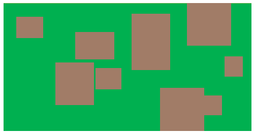 Drawing of brown rectangles on a green background