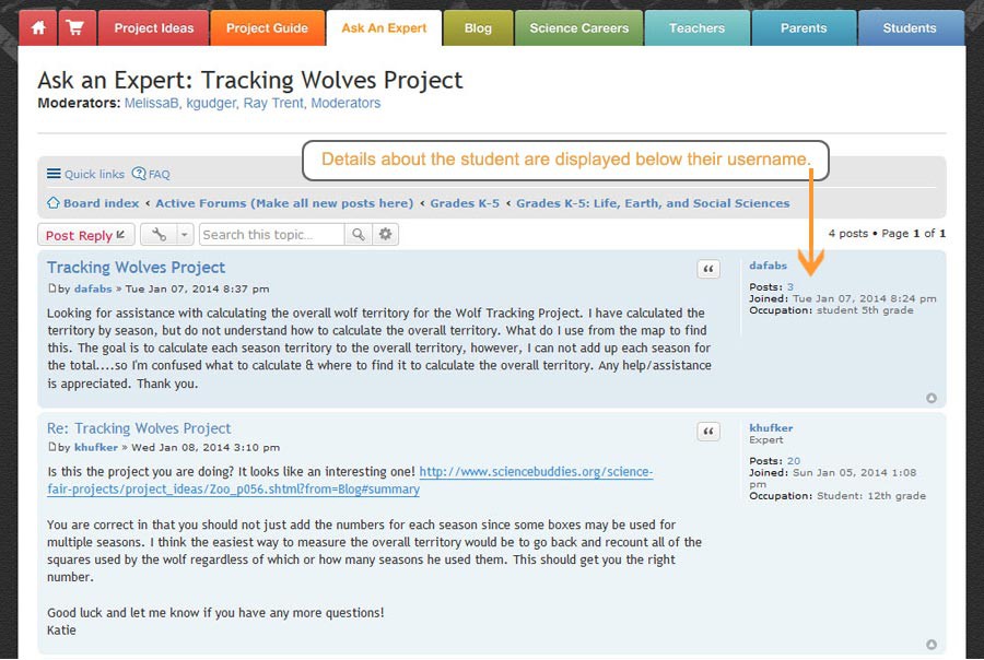 Screenshot of a post made by a student in the Ask an Expert forum on the website ScienceBuddies.org