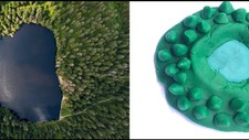 A lake in a forest on the left and a play dough model of the lake in a forest on the right