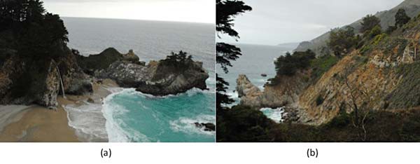 Photo of McWay falls and the location of the landslide that created a beach under McWay falls