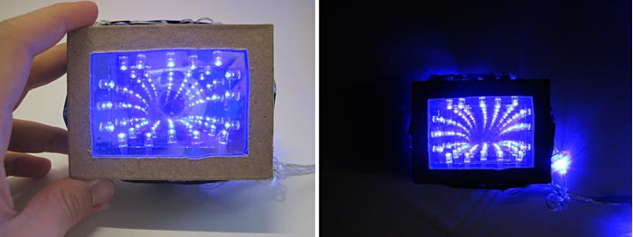 Side-by-side pictures of the infinity mirror in a well-lit room and a dark room
