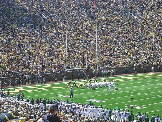 Football players line up for a field goal in a crowded stadium
