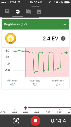 Screenshot of a recording for a brightness sensor card in the Google Science Journal app