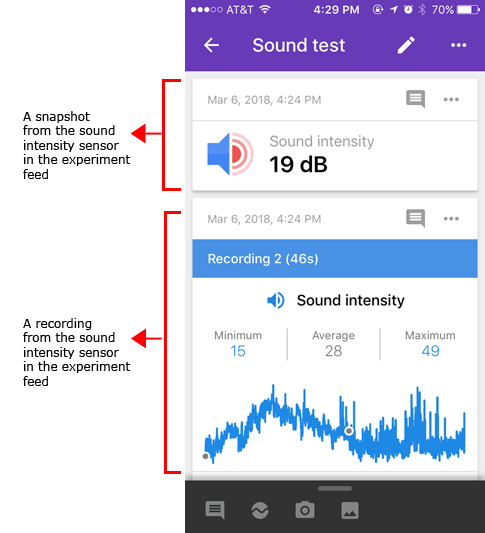 Screenshot shows a snapshot and recording of a sound intensity sensor card in the Google Science Journal app