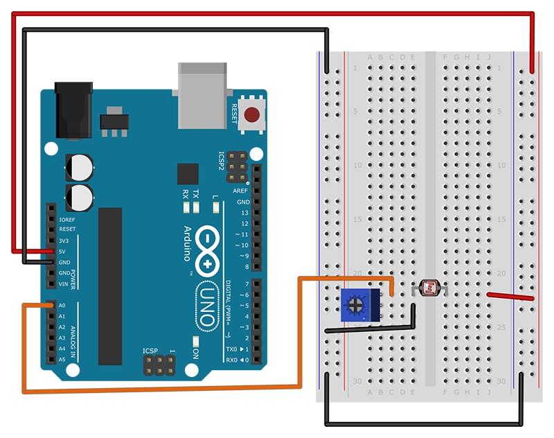 Photoresistor and potentiometer connected to Arduino analog input