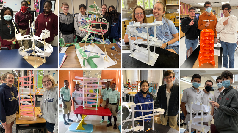A collage of high school age students and the paper ball runs they built for the 2022 Fluor Engineering Challenge. 