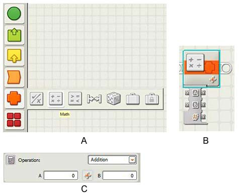 A math block is selected in the LEGO NXT-G program and options for the block are displayed