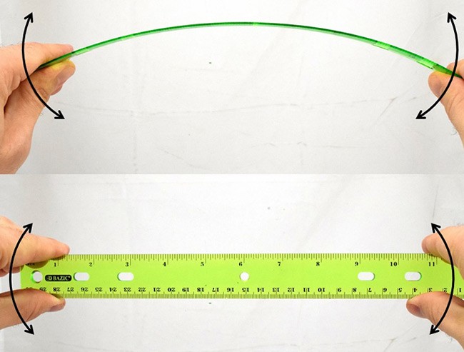 Two photos show a ruler bending when held flat but not bending when held perpendicular to the ground