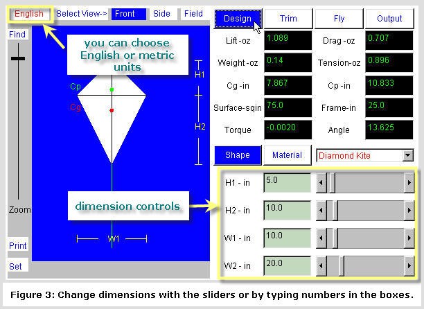 Screenshot of a kites dimensions in design mode in the Kite Simulator program