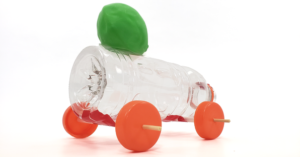 Car made from craft materials, a recycled plastic bottle, and a balloon