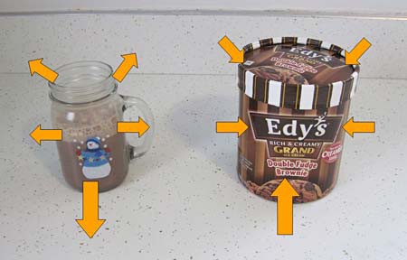 A cup of hot chocolate with arrows pointing outward next to a carton of ice cream with arrows pointing inward