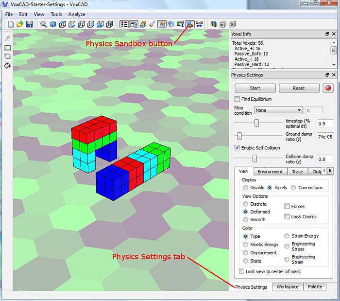 Screenshot of a physics sandbox in the program VoxCAD
