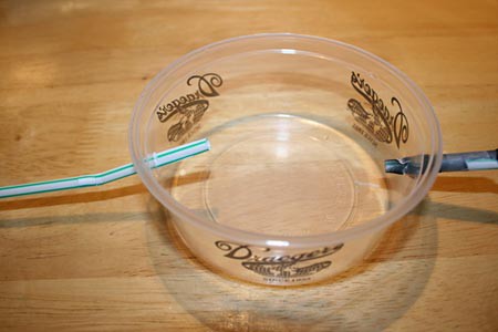 Two straws inserted into opposite side walls of a plastic container