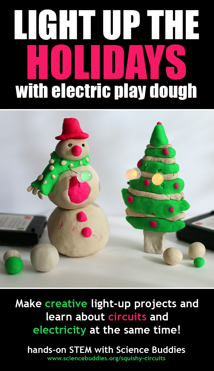 A snowman and Christmas tree lit by LEDs are made with conductive play dough